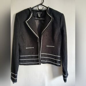 Anne Carson Women's Black Lined Silk Boucle Short Jacket SzL Gray Ribbon Trim